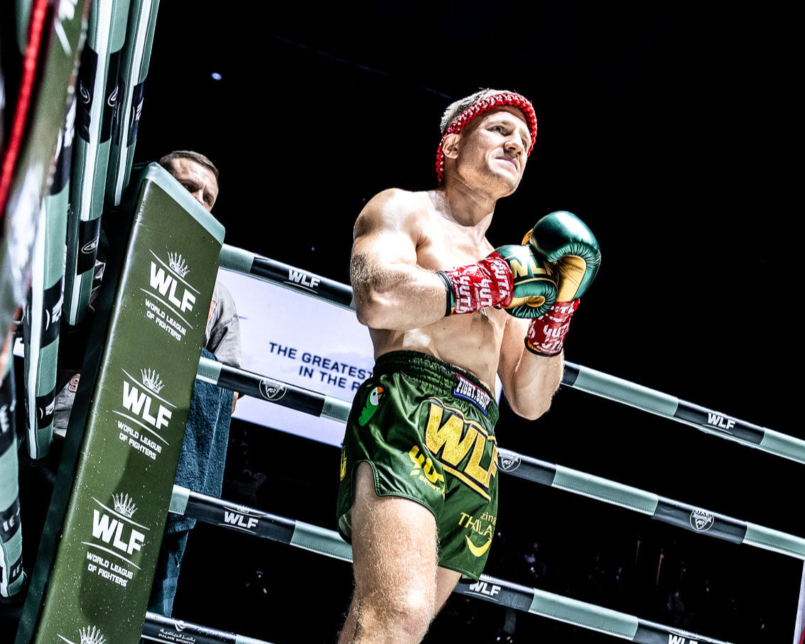 Boxer in a boxing ring with WLF branding

